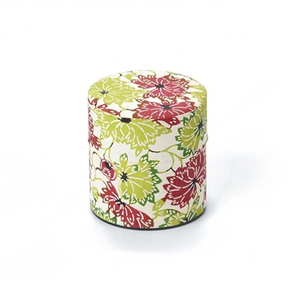 Haikara-san Japanese Tea Storage Canister, Washi Paper Wrapped, Traditional Design, Airtight Lid (Summer Flowers 夏花, Small (100g))