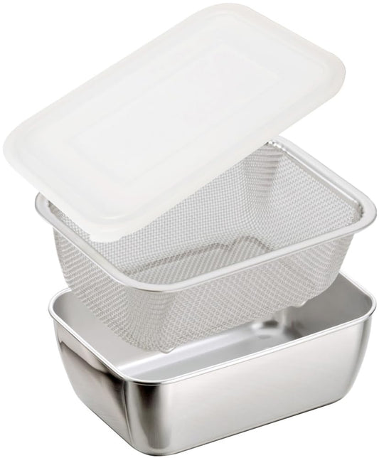 下村企販 Square Bat & Colander Set with Silicone Lid, 幅17×奥行12.3×高さ6.4cm(フタ含む), Silver, 43376