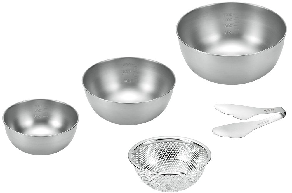 よこやま Yokoyama ETF-1000 Tsubame no Takumi Stainless Steel Bowl, 4-Piece Set (Bowl, 8.3 inches (21 cm), 7.1 inches (18 cm), 5.9 inches (15 cm), With Tongs Included, Silver