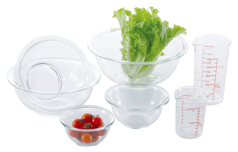 iwaki PS-BO-50N AGC Techno Glass, Heat Resistant Glass, Round, Set of 5, Includes Measuring Cups, Microwave, Oven, Dishwasher Safe, Wide Mouth Design for Easy Mixing, Low Center of Gravity for