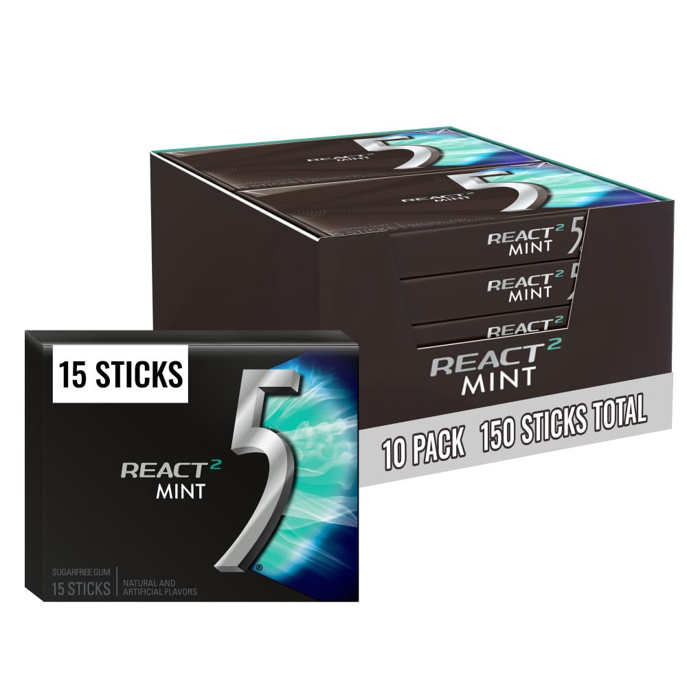 5 GUM React 2 Mint Sugar Free Chewing Gum, Five Gum, 15 Stick ( 10 Pack)