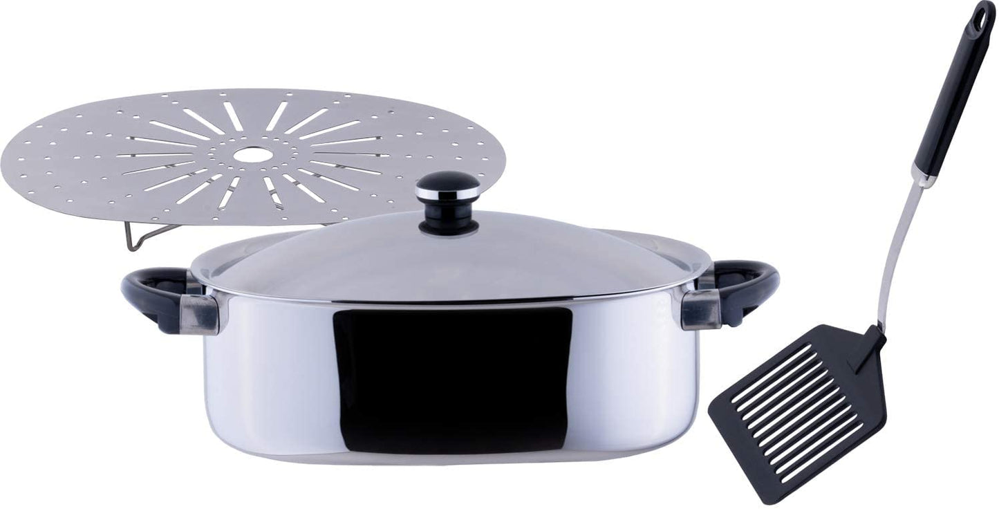 Miyazaki Seisakusho Objet OJ-65 Aluminum Core Oval Pot & Steam Plate, Made in Japan, Induction Compatible, Lightweight