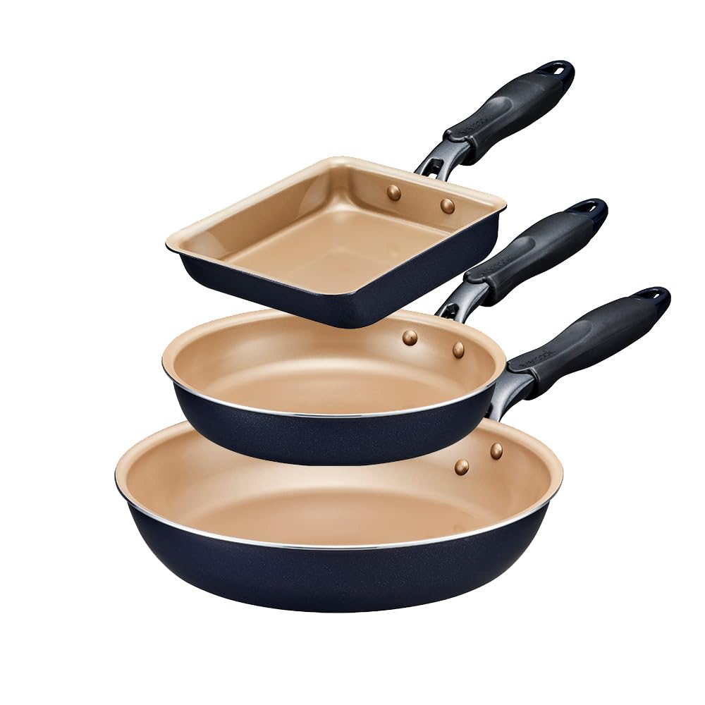 Evercook Frying Pan Set, 3-piece Set, Gas Fire, Lightweight, Non-Stick Frying Pan, PFOA Free, Navy, Doshisha