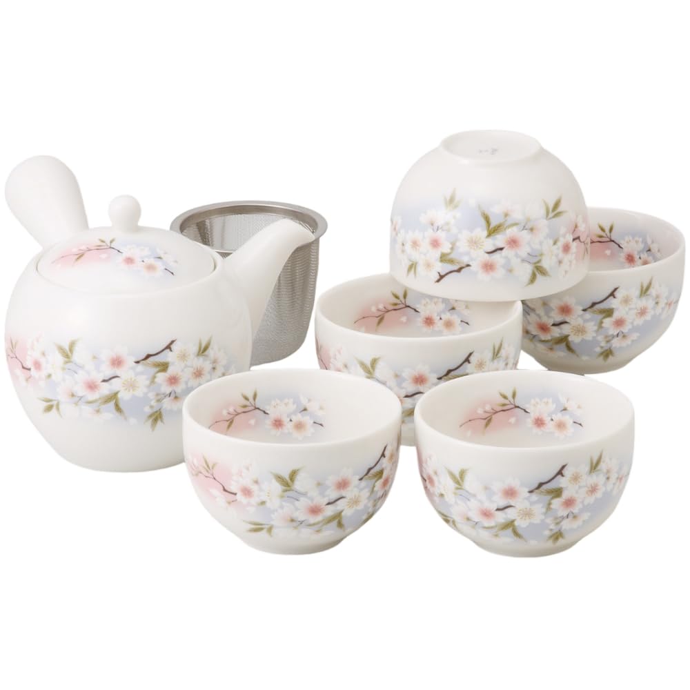 Ale-net Teapot, Tea Cups, Set of 5, Diameter 3.5 x Height 3.9 inches (9 x 10 cm), 11.8 fl oz (350 cc), Tea Pot Set, Tea Infuser, Set of 5, Porcelain, Mino Ware