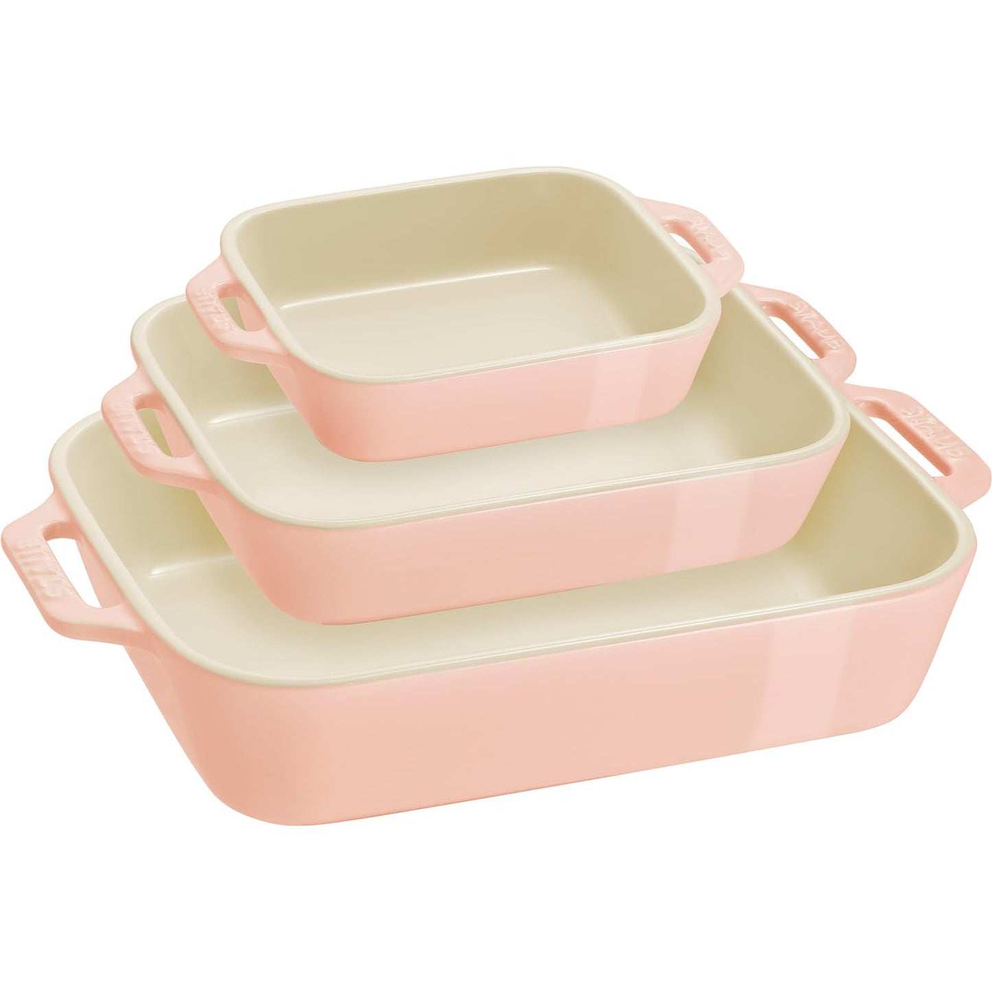 Staub Dish Z1025-099 Rectangular Dish, 5.5 x 4.3 inches (14 x 11 cm), 7.9 x 6.3 inches (20 x 16 cm), 10.6 x 7.9 inches (27 x 20 cm), 3-Piece Set, Macaron Pink, Ceramic Set, Gratin Dish, Microwave Safe