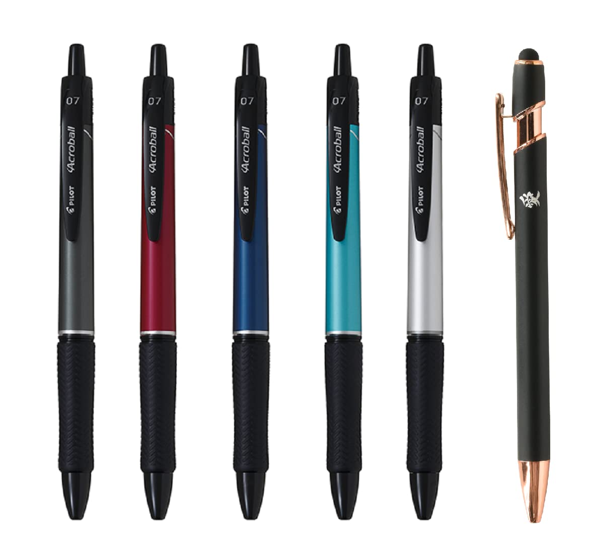 Pilot Japan Acroball T Series Retractable Ballpoint Pen 0.7mm Black Ink 5 Body Colors Set BAB-15FT With Kanji LOVE Sticker : Metal black, red, blue, green, Silver 0.44 x 5.61 2.22 in