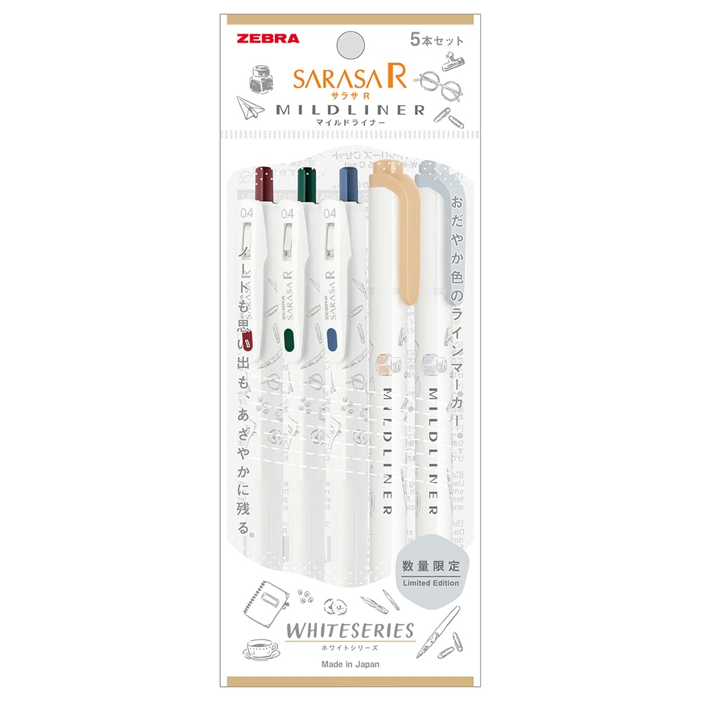 Zebra P-JJS29-R1W-C Sarasa R & Mild Liner Gel Ballpoint Pen, White Series, Set of 5