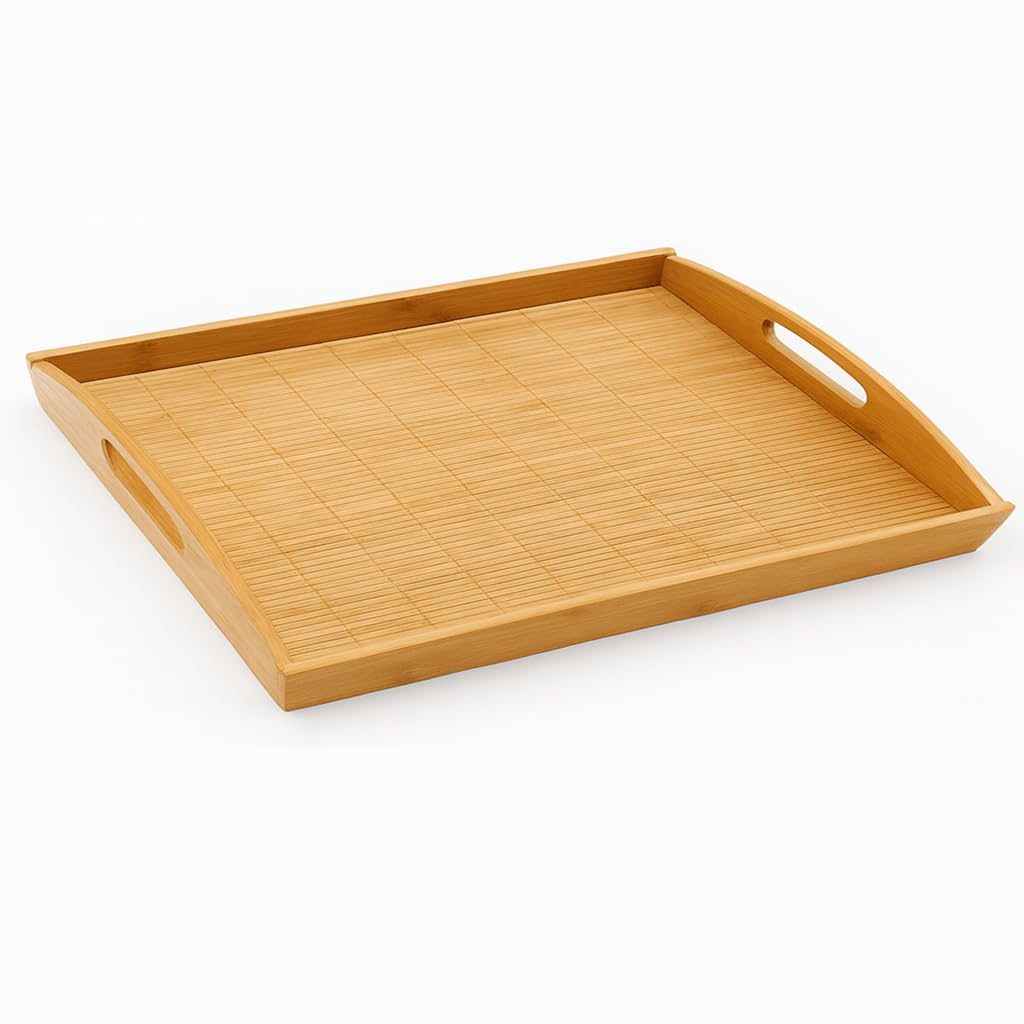 JapanBargain 4099, 2-Pack Large Bamboo Serving Trays with Handles, 20 x 13 Inch Wooden Tea Tray for Lunch Dinner Coffee Snacks Butler Shelf Display