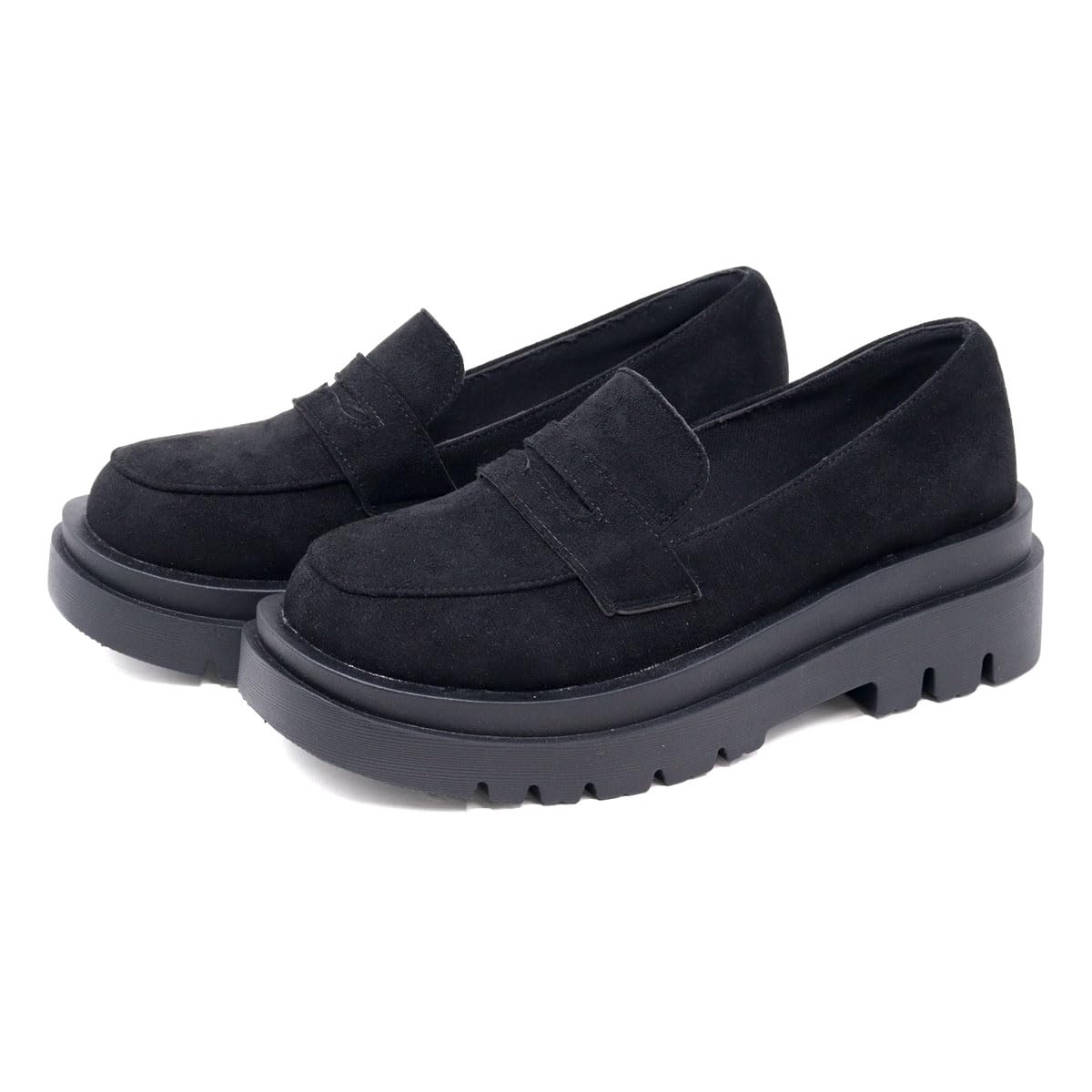 Liberty Doll(リバティー ドール) Women's Coin Loafers Oxford Shoes Thick Sole 5cm Heel Square Toe Unisex, Black Suede, 22.5 cm 2E