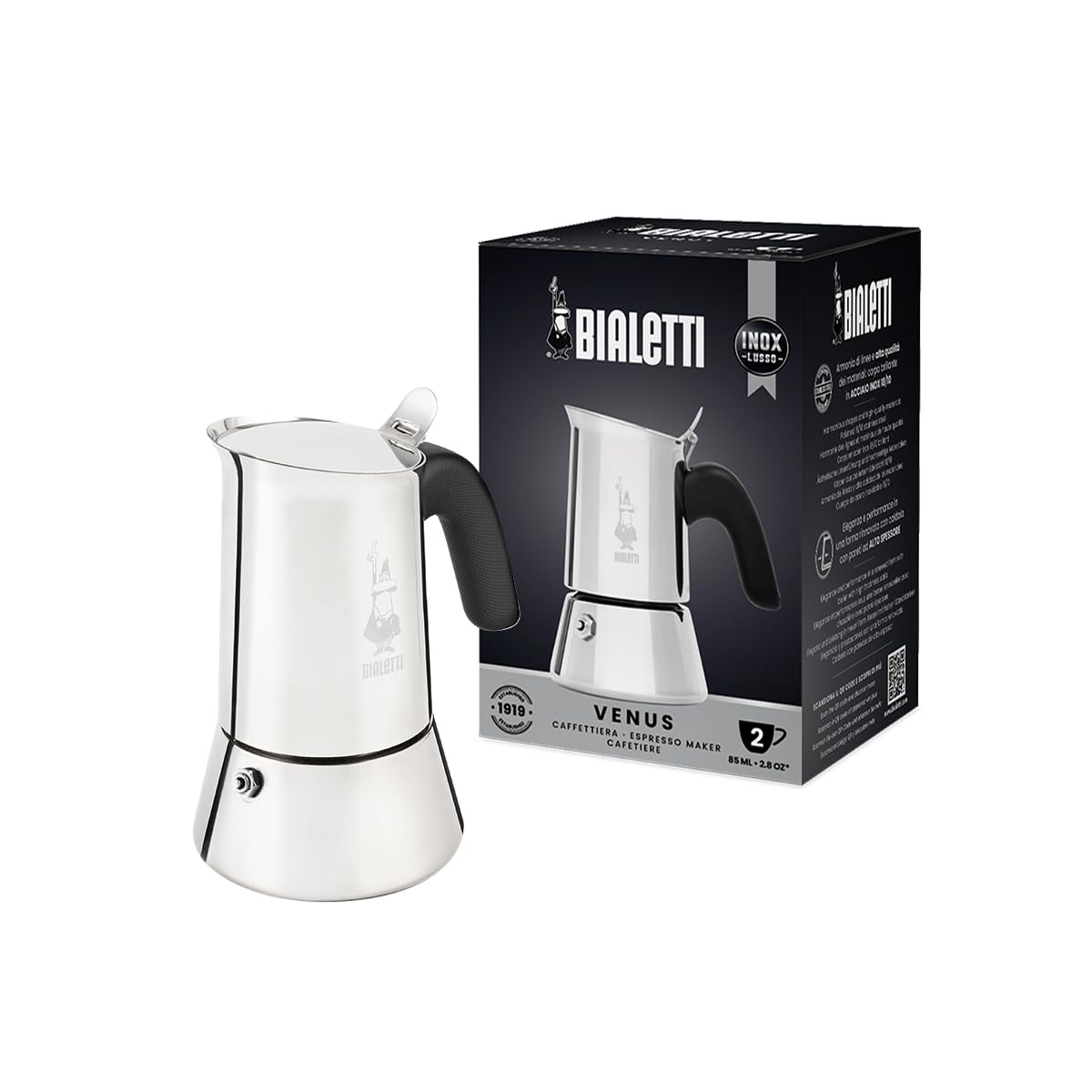 Bialetti - New Venus, stainless steel espresso coffee machine, suitable for all types of stoves, 2 cups (85 ml), aluminium, silver (Not induction safe)