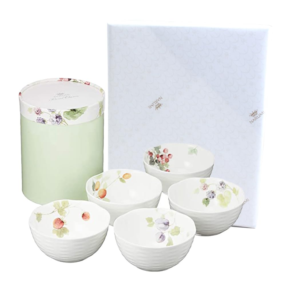 Narumi 96010-21902PAZ Bowl and Plate Set, Lucy Garden, 4.3 inches (11 cm), Berry Pattern, Set of 5 Patterns, Stylish, Cute, Relief, Small Bowl, Tableware Set, Wedding Gift, Mother's Day Gift,