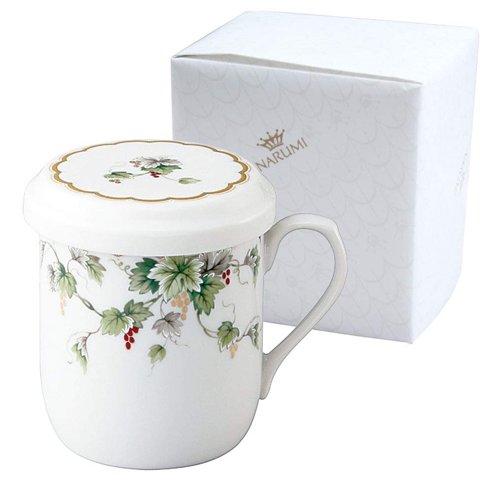Narumi 7950-32930AZ Alpage, 10.4 fl oz (290 cc), Green Grape Pattern, Cute, Tea Strainer Included, Mug with Lid, Wedding Gift, Mother's Day Gift, Microwave Warming, Made in Japan, Gift Box, Wrapped