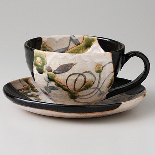 Black Oribe Grass Pattern (C/S) Coffee (C/S, 7.1 fl oz (200 cc), 12.2 oz (360 g), Japanese Style Coffee C/S, For Cafes, Restaurants, Inns, Japanese Tableware, Restaurants, Commercial Use, For Guests