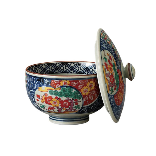 Ale-net Teacup Sencha Bowl with Lid, Arita Ware, Koimari Shochiku Plum with Lid, Porcelain, Dishwasher Safe, Microwave Safe, Porcelain, Made in Japan