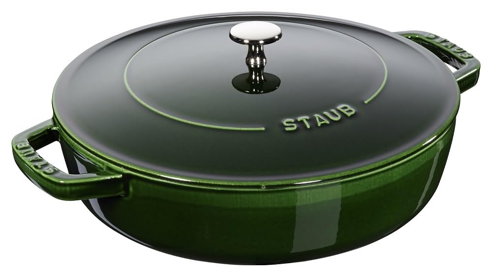 Staub 40511-479 Braiser Saute Pan, Basil Green, 9.4 inches (24 cm), Double-Handed, Cast Iron, Enameled Pot, Shallow Type, Sukiyaki, Induction Compatible