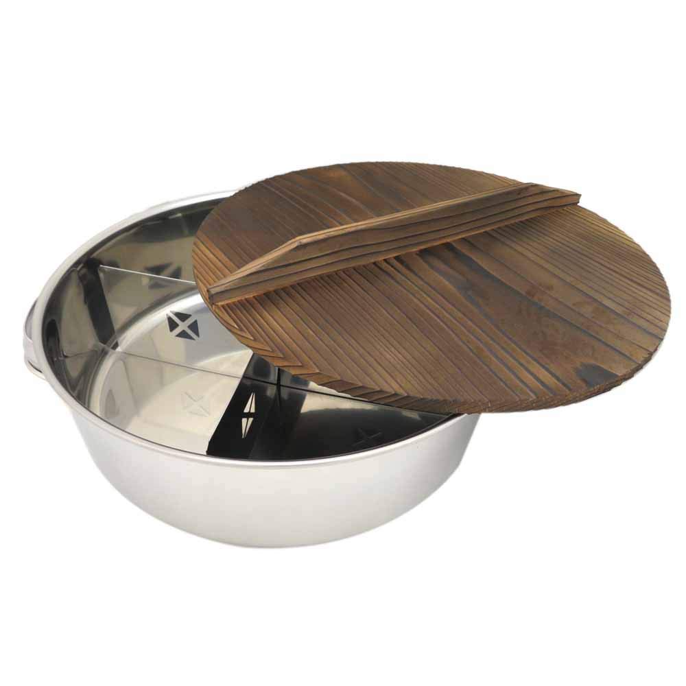 Endoshoji TKG Polishing EOD01 Round Oden Pot with Wooden Lid, Diameter x Height 13.0 x 3.9 inches (330 x 100 mm), Weight 15.7 oz (450 g), Stainless Steel, Rust Resistant, Hygienic, Includes Dividers,
