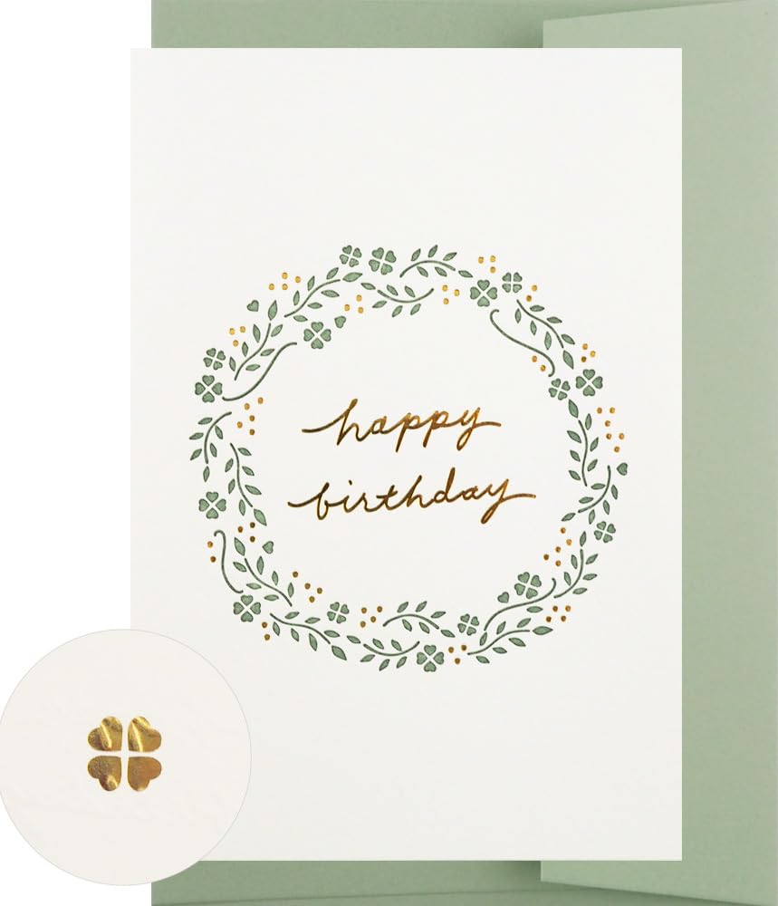 Golden Birthday Greeting Card with Clover Wreath by El Commun