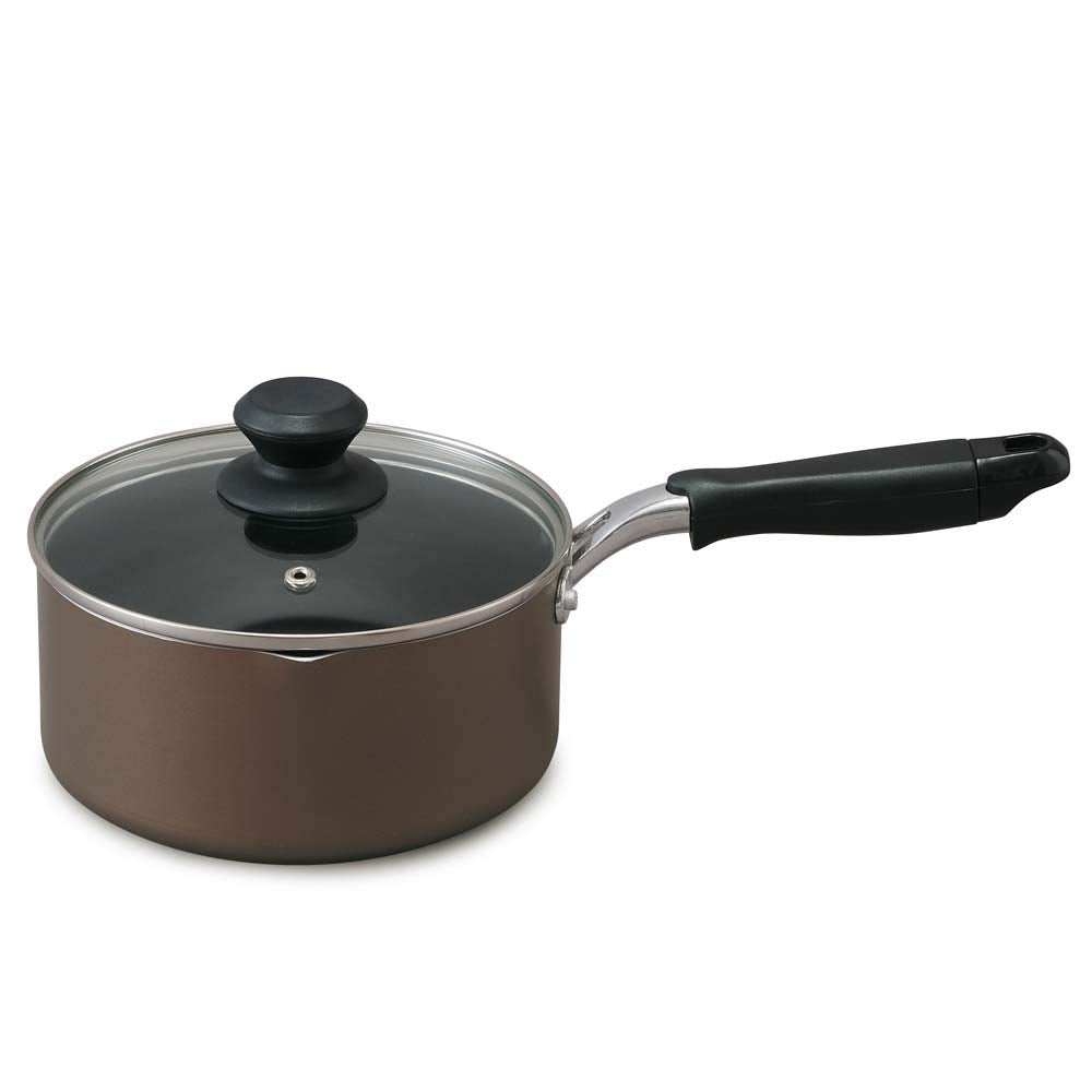 Iris Ohyama DIS-P18 Single Handled Pot, 7.1 inches (18 cm), Pot with Lid, Gas Fire/Induction Compatible, Glass Lid, Diamond Coated, Long Lasting, Non-Sticking, Easy Care, Brown