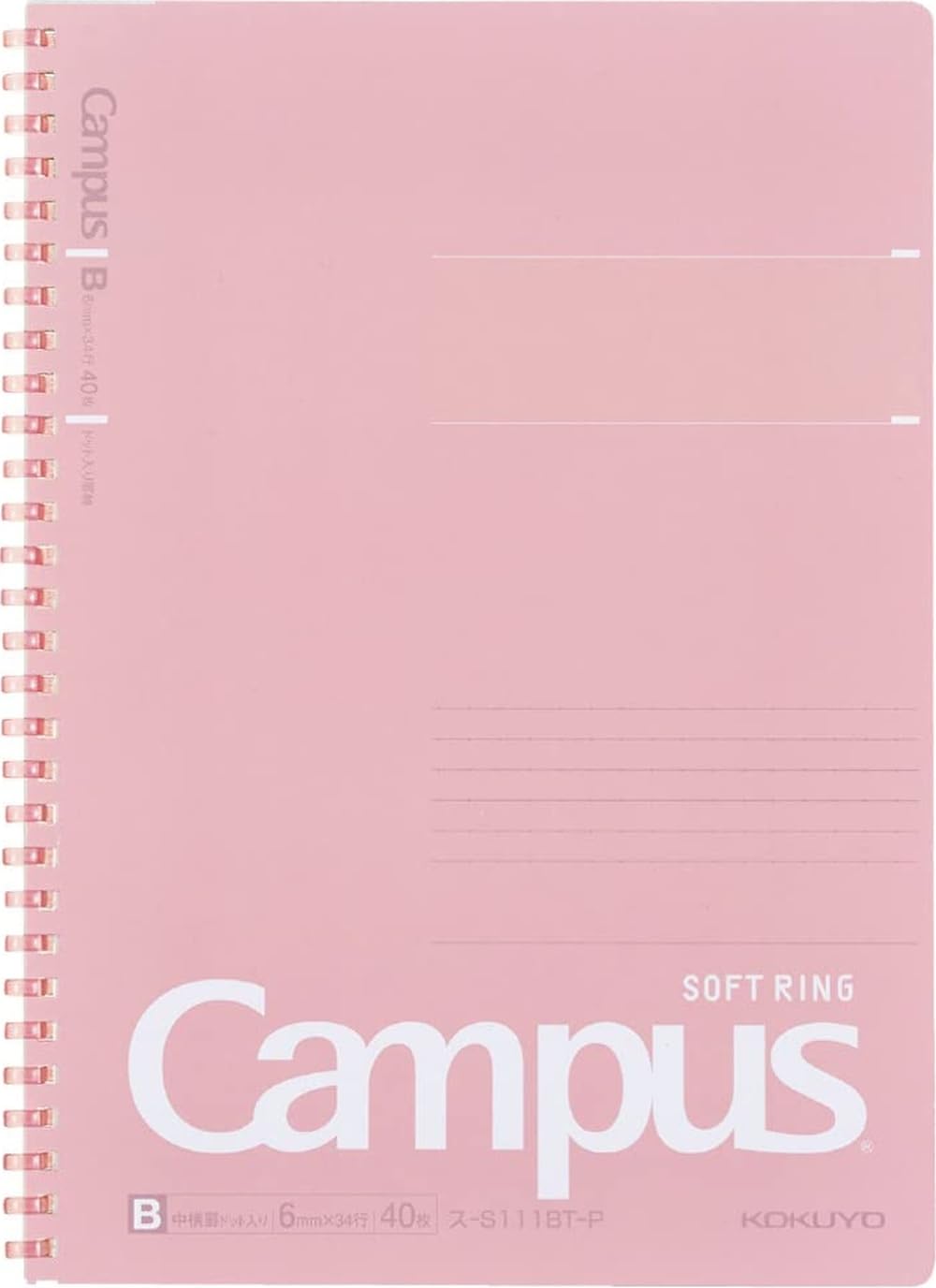 KOKUYO Spiral Lined Notebook, 10'' x 7'' Pastel Journal B5 Campus Soft Ring Notebooks with Dot 6 mm Ruled, 40 Sheets, Pink 1 Subject Notebook, Note Taking for School. Japan Import (SU-S111BT-P)