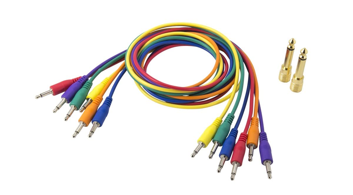 KORG SQ-CABLE6-75cm Mini Jack Patch Leads with Two Adaptors - Pack of 6 - Mixed Colours