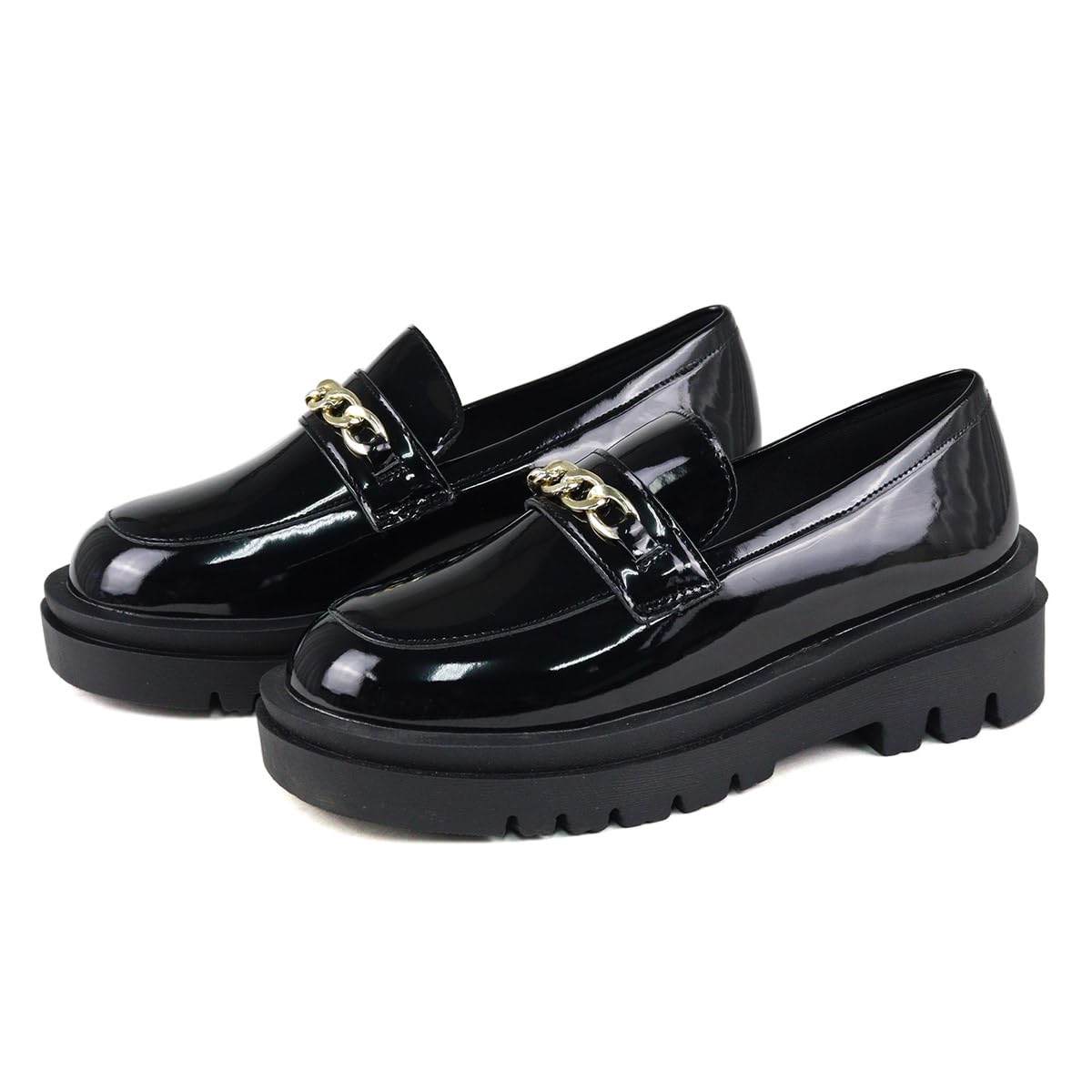Liberty Doll(リバティー ドール) Women's Bit Loafers Thick 2.2 inches (5.5 cm) Sole Gold Chain Unisex, Black Enamel, 27.0 cm