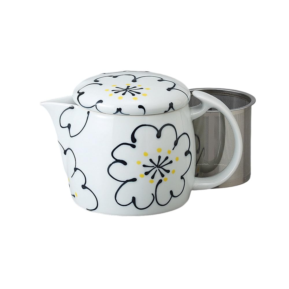 Ale-net Teapot Pot (Stainless Steel with Tea Strainer) 4.1 x 3.9 inches (10.5 x 10 cm), 18.6 fl oz (525 cc), Arita Ware, Flower Hana, Black, SS Pot, Porcelain, Made in Japan, Fashionable