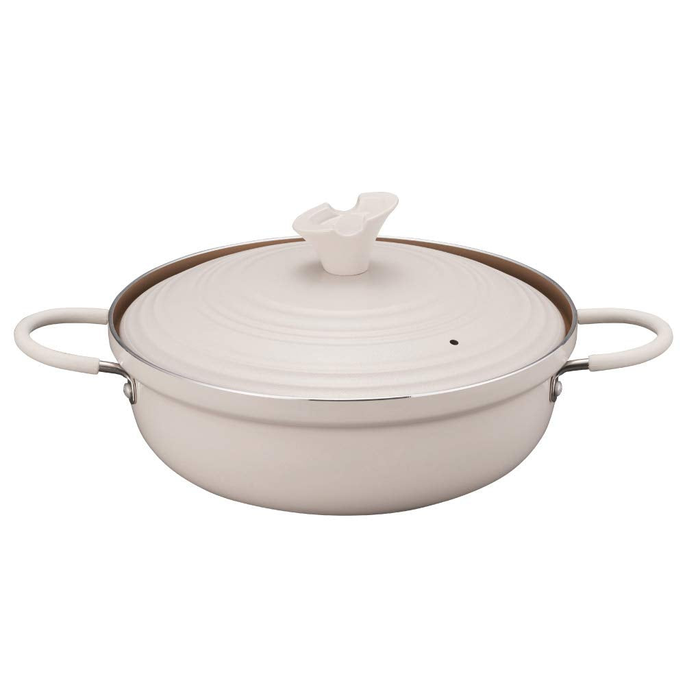 Evercook Two-Handled Pot, 9.4 inches (24 cm), Induction Compatible, Ivory, Lid Included, Non-Stick, Seasonal Pot, Doshisha