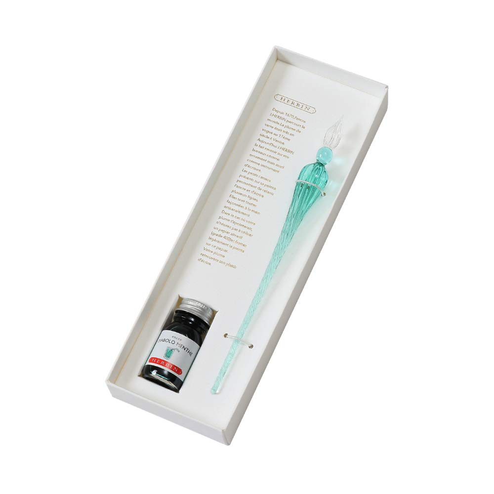 Herbin Hb21433set Glass Pen & Ink Set, Exclusive Box, Handicraft, Turquoise & Mini Ink, Mint Green (0.3 fl oz (10 ml) Set, French Traditional Brand Founded in 1670