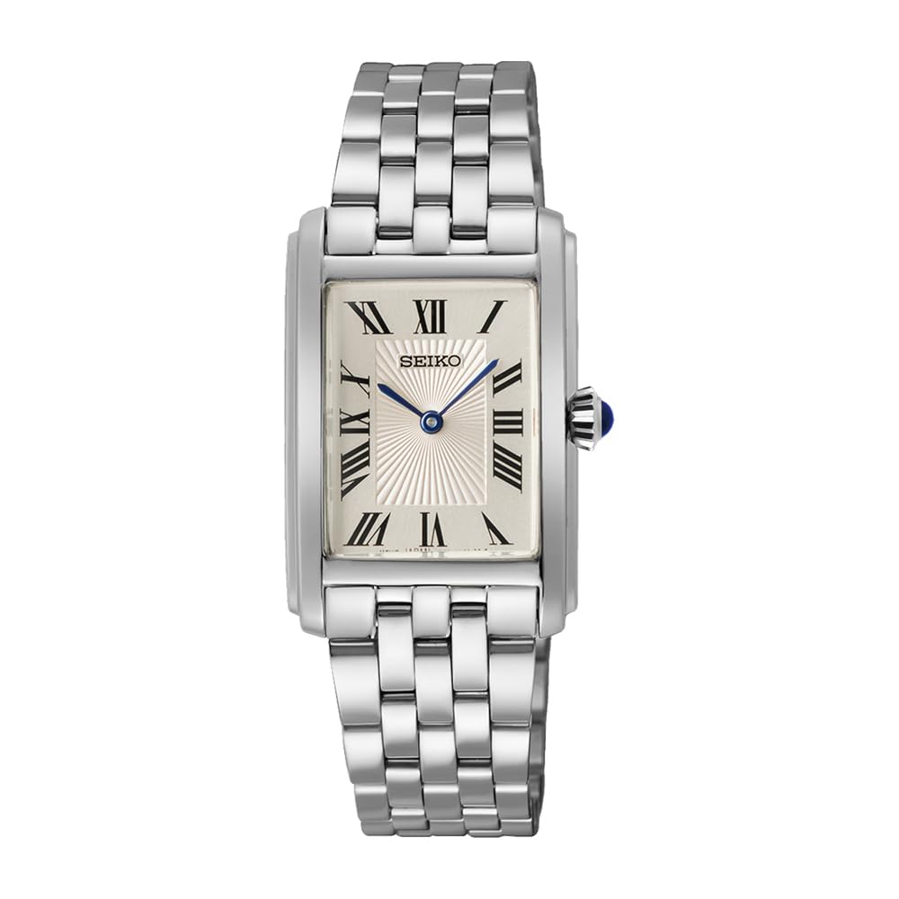 Seiko SWR083 Rectangular Watch - Essentials Collection - Roman Numeral Dial, Blue Hands, Stainless Steel Bracelet, and 50m Water Resistance