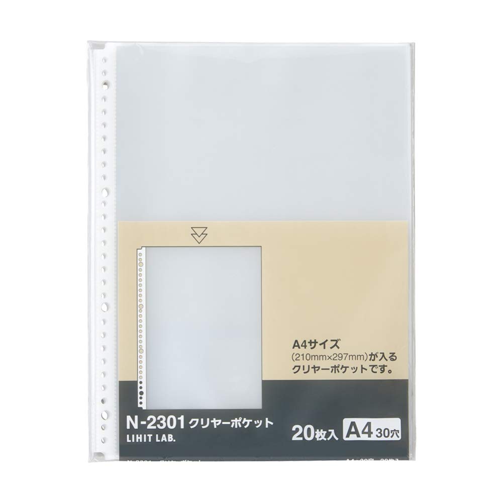 Lihit Lab N2301 Clear Pocket, A4, 30 Holes, Pack of 20