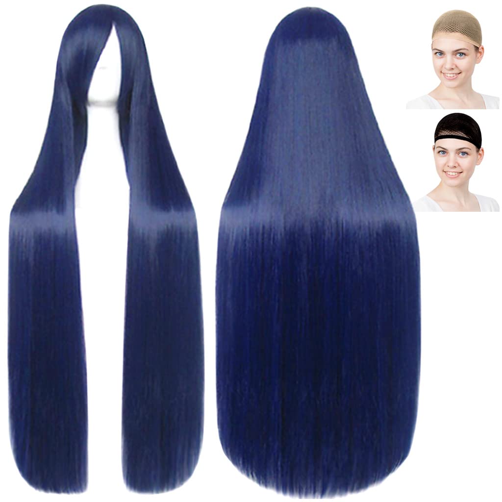CaseEden Cosplay Wig, Love Live, Umi Sonoda, Idol Master, Chihaya Kisatsuki, Yo-Fox x Me SS, Tomoko Aokinin, Revolutionary Machine Valvrave, Saki Drikino Long, 39.4 inches (100 cm), Blue, Dark Blue & Black Mix, White Merce Wig Net, Set of 2