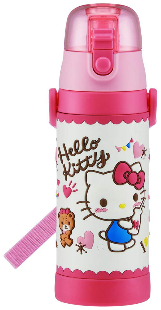 Skater SDPV5-A Children's Stainless Steel Water Bottle, Direct Drinking, 16.2 fl oz (480 ml), Kitty Snack Time, Kid-friendly Lightweight Type, For Girls, Cold Insulation, Sanrio, 3D Printed