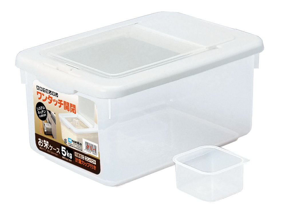 サンコープラスチック(SankoPlastic) Sanko Plastic Rice Bottle, Rice Case, 11.0 lbs (5 kg), Includes Measuring Cup, White