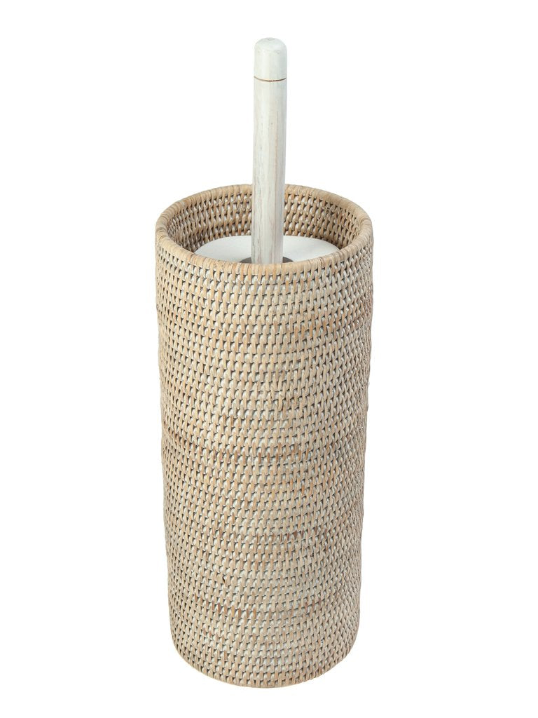 KOUBOO La Jolla Hand Woven Rattan Toilet Roll Stand, Holds 3 Toilet Rolls, Handwoven Rattan Toilet Roll Stand, 17.145 x 17.145 x 52.07 cm, White Wash