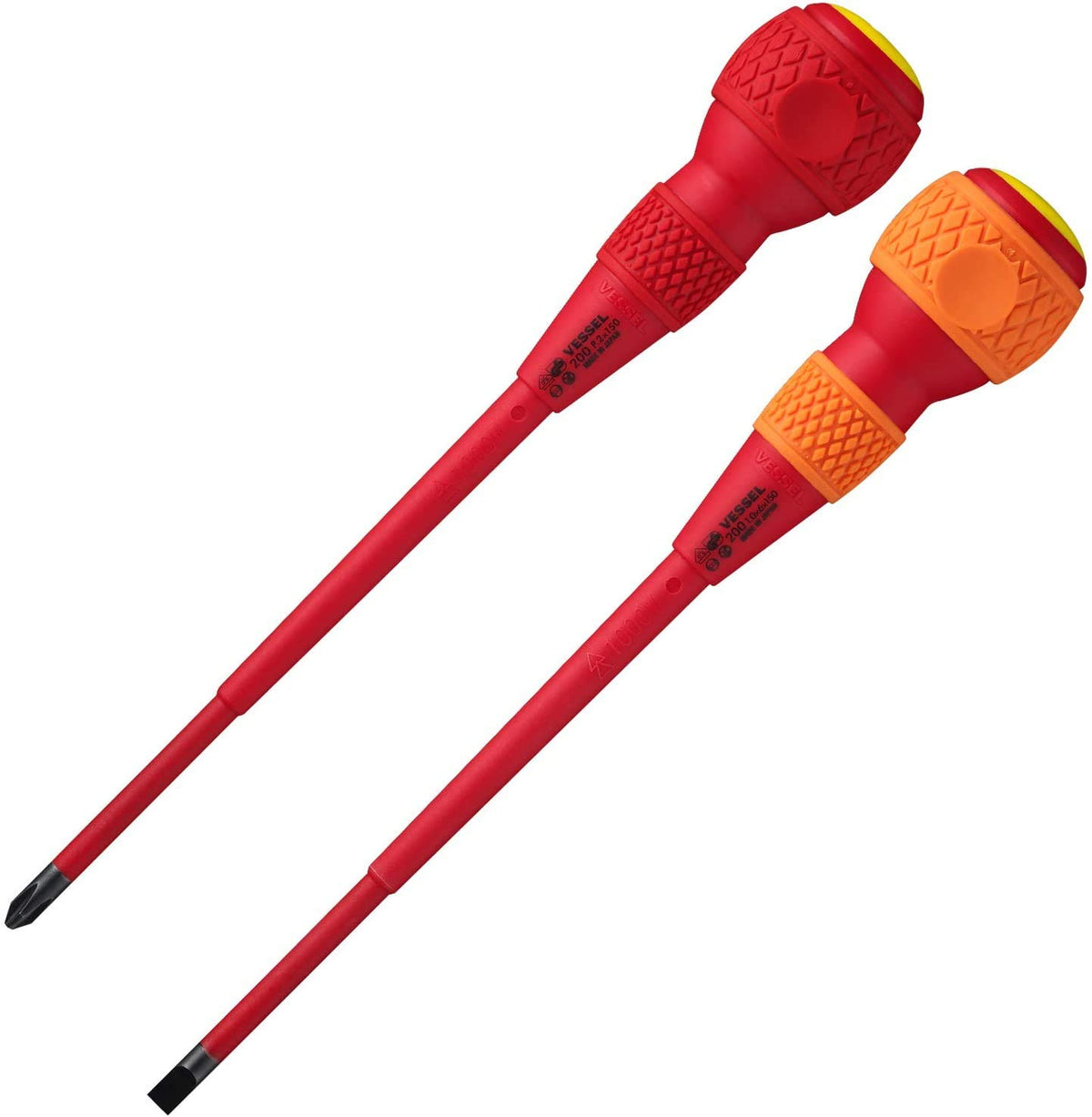 Vessel 202PS-2 Ball Grip, Insulated Screwdriver, Set of 2, +2 x 5.9 inches (150 mm) / -6 x 5.9 inches (150 mm)