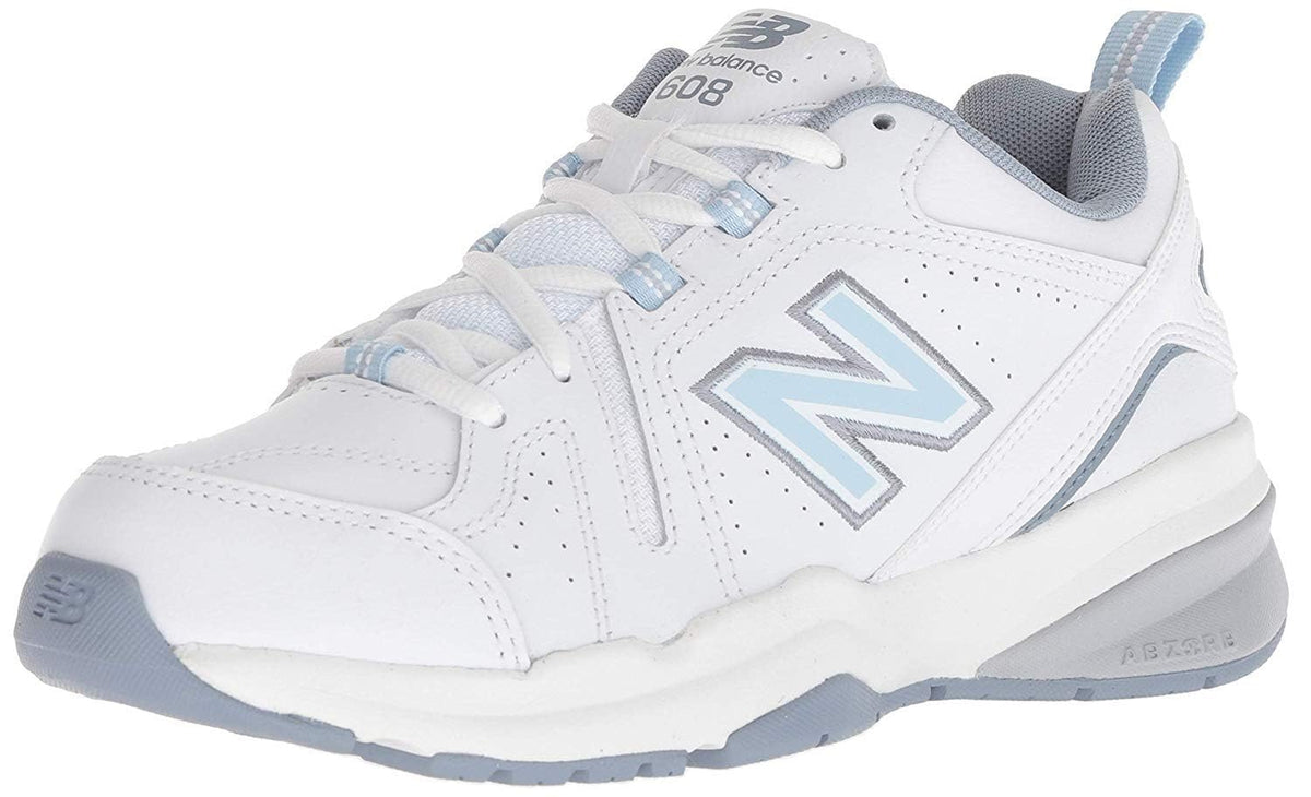 New Balance Women's 608 V5 Casual Comfort Cross Trainer, White/Light Blue, 8.5
