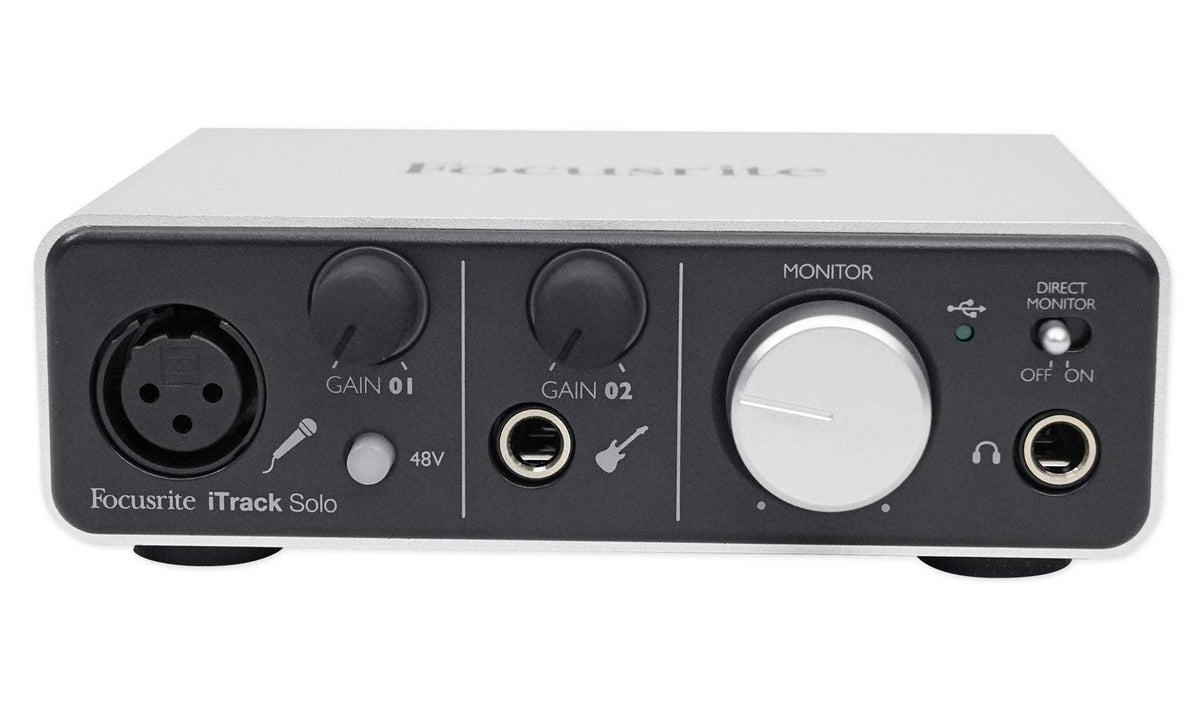 Focusrite iTrack Solo Audio Interface for Mac, PC, and iPad – USB Audio Interface for Recording, Streaming, and Podcasting with XLR, Line-in, and Professional Software included