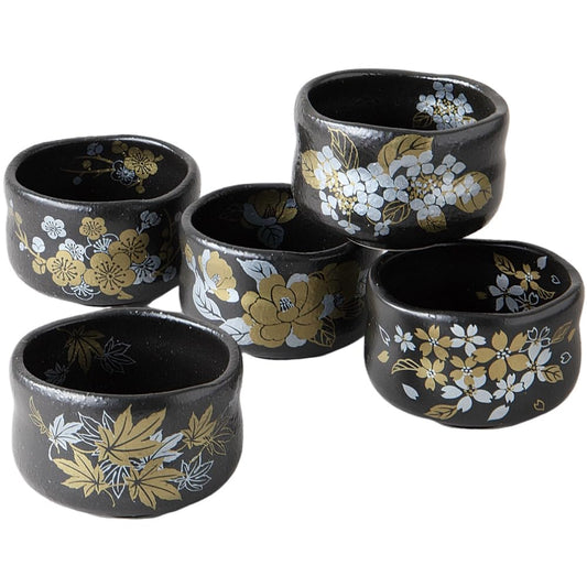 Ale-net Matcha Bowl, Set of 5, Diameter 3.7 x Height 2.5 inches (9.4 cm) x Height 2.5 inches (6.4 cm), Japanese Four Seasons, Hannari Bowl, Pottery, Mino Ware, Made in Japan
