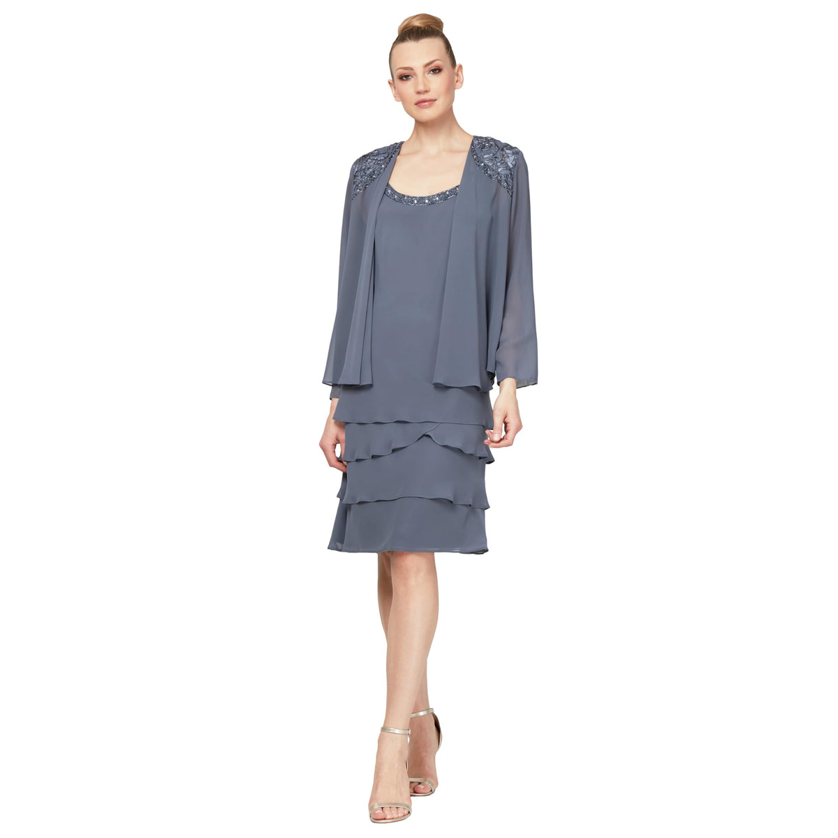 S.L. Fashions Women's Mother of The Bride Tiered Jacket Dress with Shoulder Embellishment, Steel, 8
