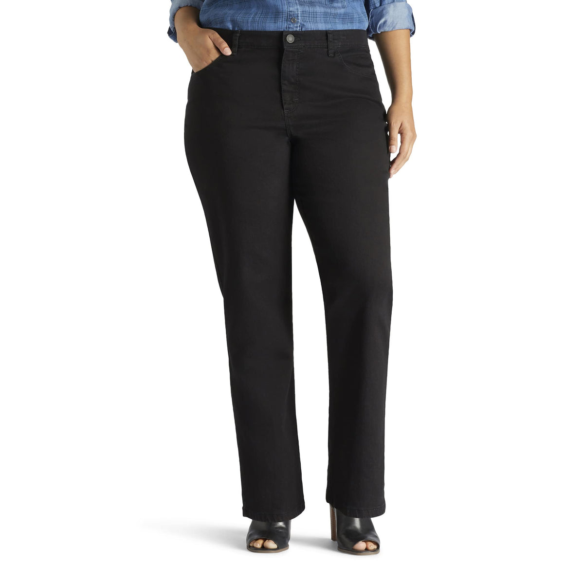 Lee Women's Plus Size Instantly Slims Classic Relaxed Fit Monroe Straight Leg Jean, Black, 22 Plus Petite