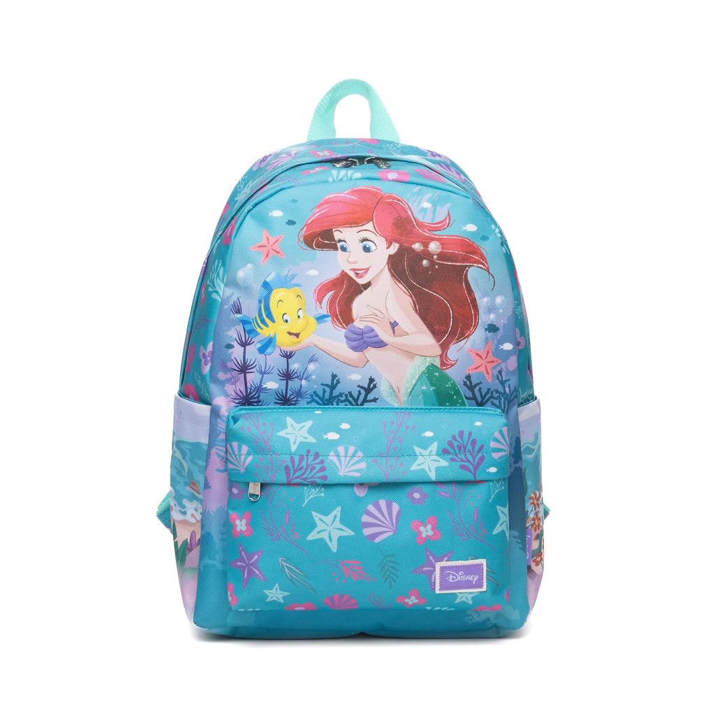 Wondapop Disney Princess Ariel Backpack 16” Girls School Backpack with Laptop Sleeve, Front Pocket & Side Pockets, The Little Mermaid Bookbag for Kids
