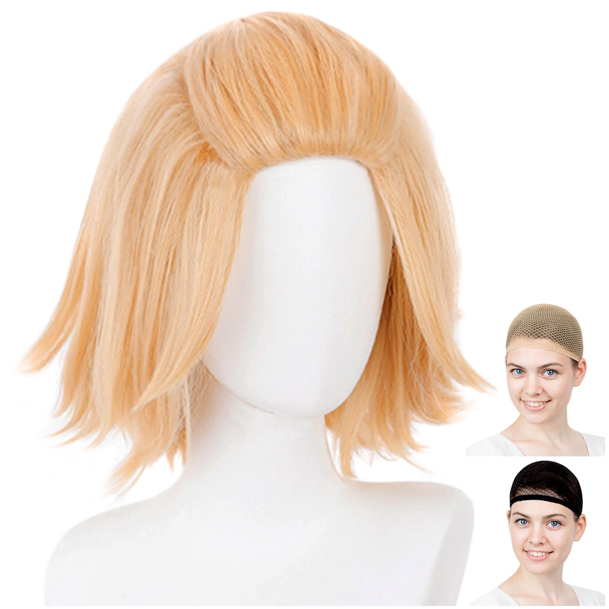 CaseEden Tokyo Revengers Cosplay Wig, Toji Manjiro Sano, Mikey, All Back, Blonde, Light Gold, White Merce Wig Net, Set of 2