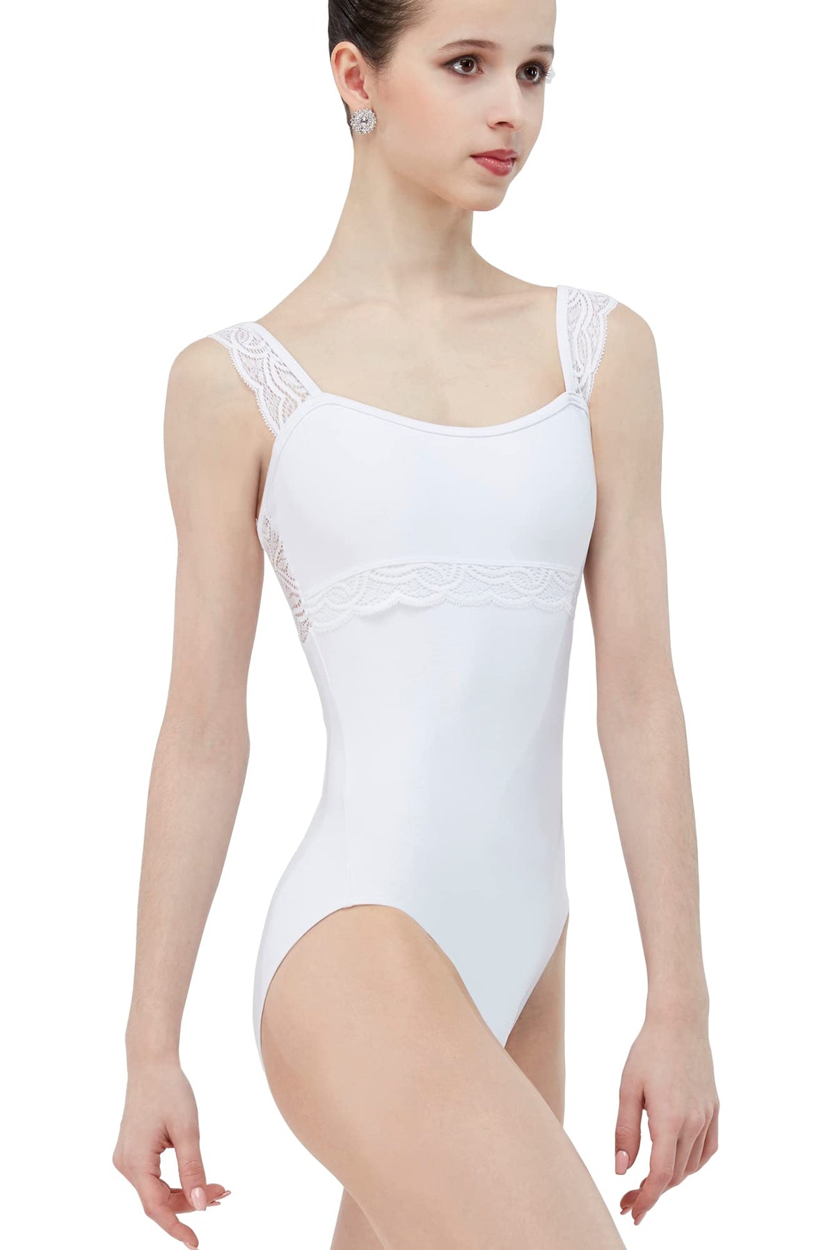 Wear Moi Women's ERINMWHI Ballet Tank Leotard, Scalloped Lace, Square Cut Back Stretch Lace, Microfiber (M Size) White