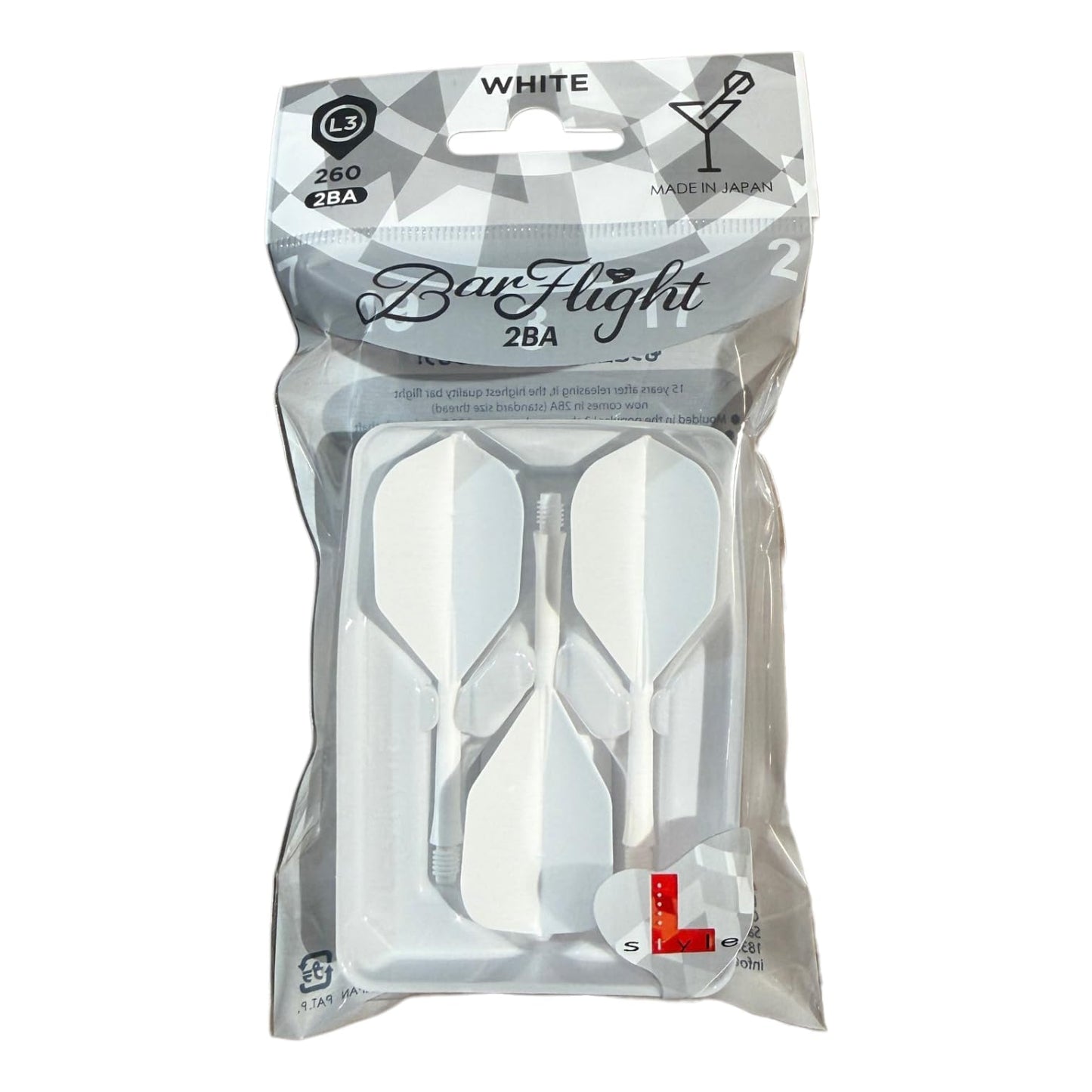 L-style BarFlight One-Piece Dart Flight and Shaft – L3 Shape – 26mm (260) – White - 1 Set (3 Flights/Shafts)