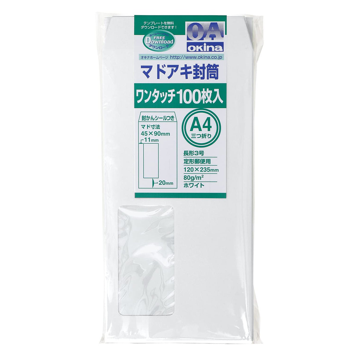 Okina WT32WH Madoki Envelopes, One Touch, Long No. 3, White, 100 Sheets, 2.8 oz (80 g)