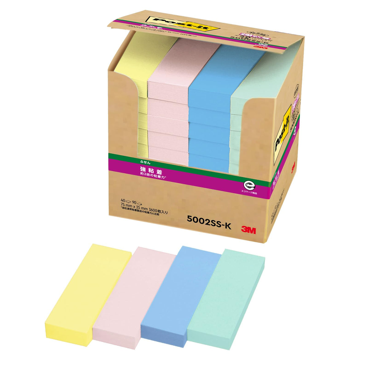 Post-it Sticky Notes, Strong Adhesive, Pastel Colors, 3.0 x 1.0 inches (75 x 25 mm), 90 Sheets x 40 Sheets 5002SS-K