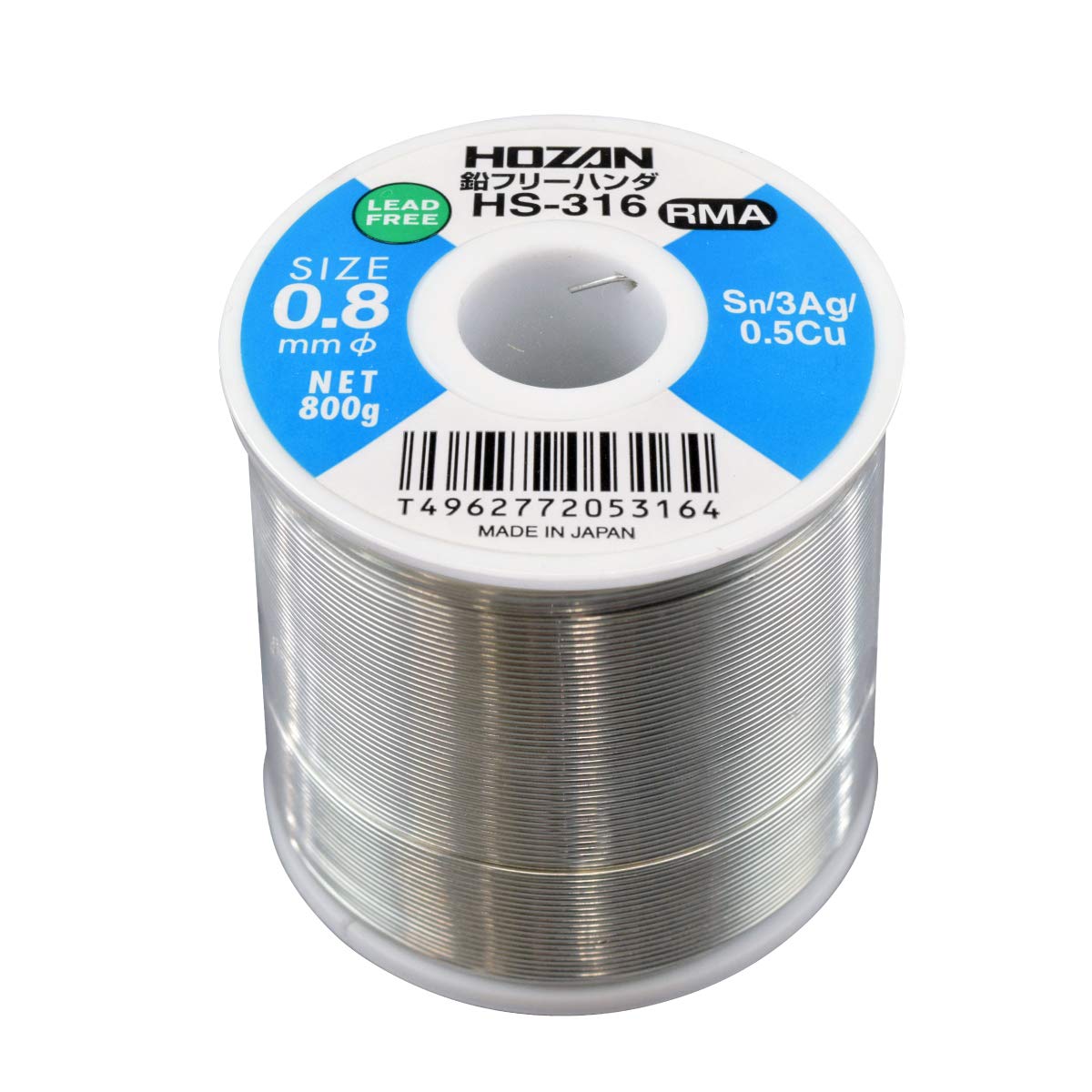 Hozan HS-316 Lead Free Solder, Lead Free Solder, Sn-3Ag-0.5Cu, Lead Free Solder, Wire Diameter 0.03 inches (0.8 mm), Weight: 28.1 oz (800 g)