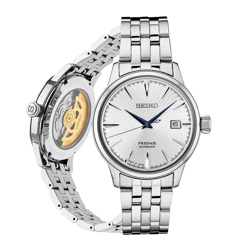SEIKO SRPB77 Automatic Watch for Men - Presage Cocktail Time - Patterned Silver Dial with Gloss Finish, Date Calendar, 50m Water-Resistant