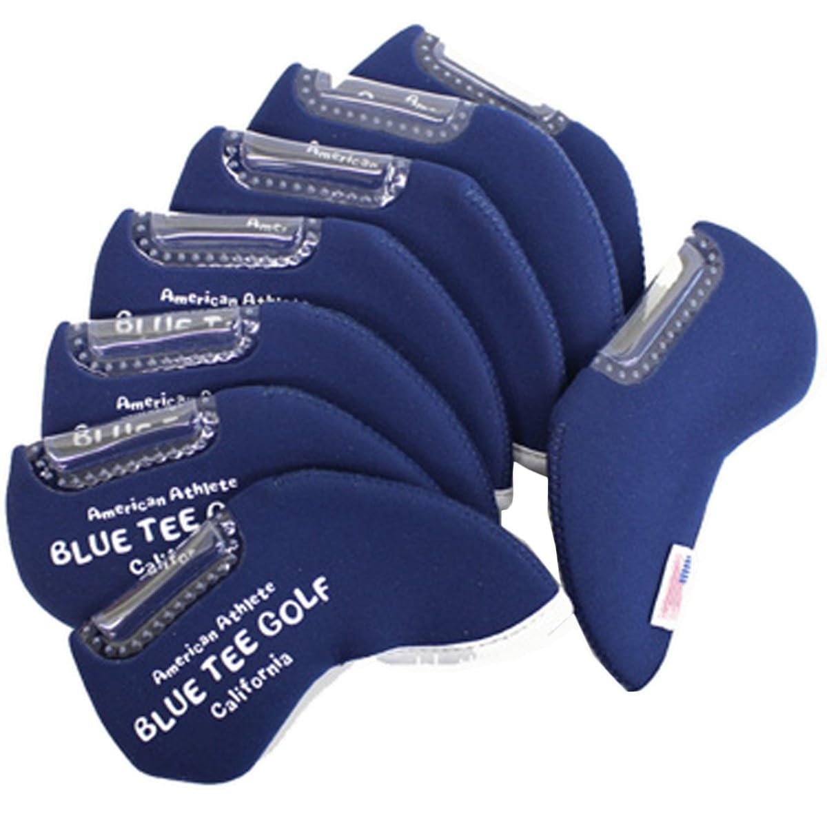 Blue Tea Golf Iron Cover [Window with Name] Set of 8 [Color: 8 Colors] Stretch Material (Navy with Name))