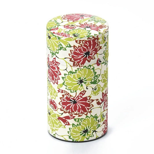 Haikara-san Japanese Tea Storage Canister, Washi Paper Wrapped, Traditional Design, Airtight Lid (Summer Flowers 夏花, Large (200g))